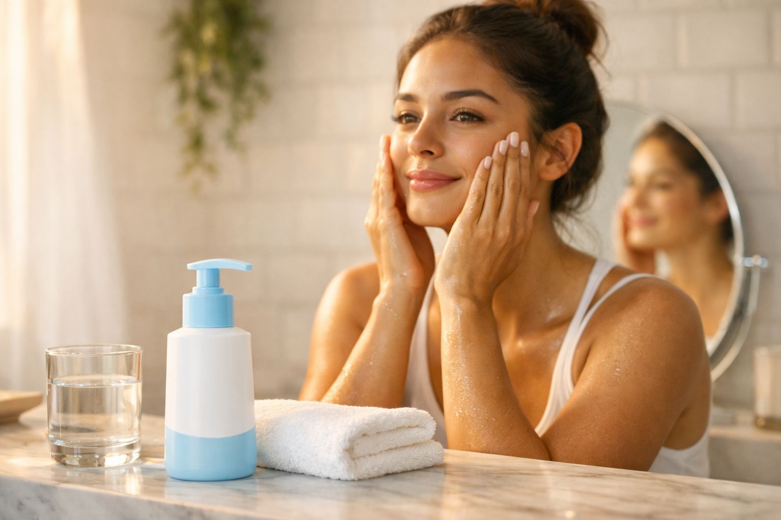 Mulher sorrindo aplicando creme no rosto em frente ao espelho no banheiro iluminado.