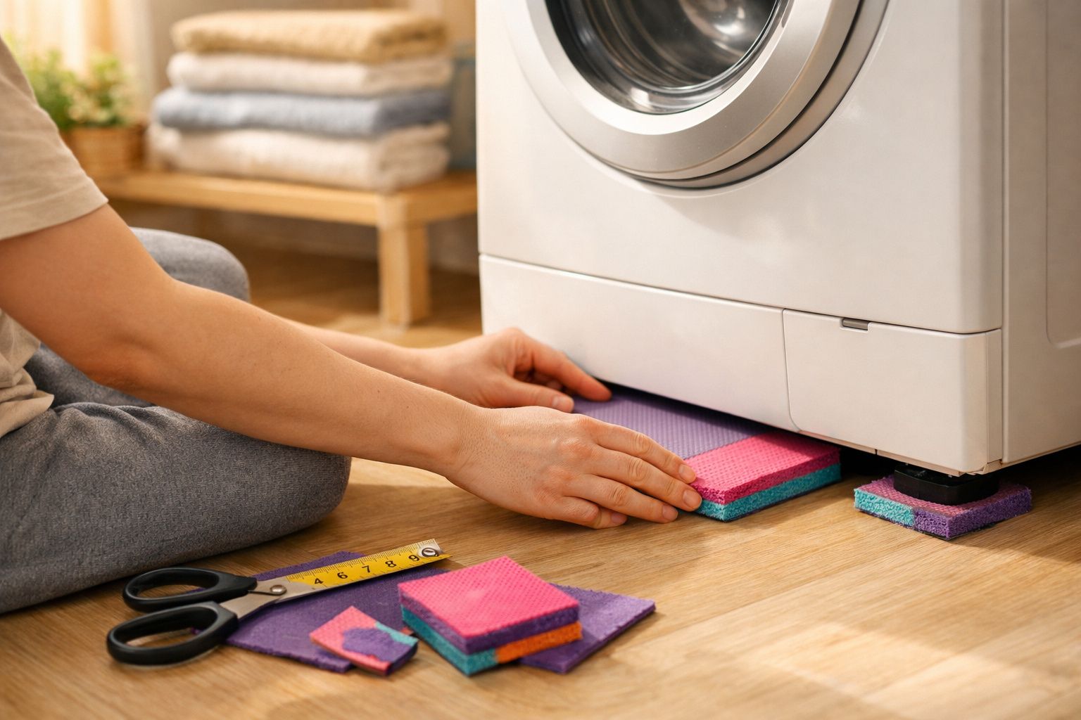 Pessoa ajustando almofadas coloridas sob a lavadora para nivelar o aparelho em piso de madeira.