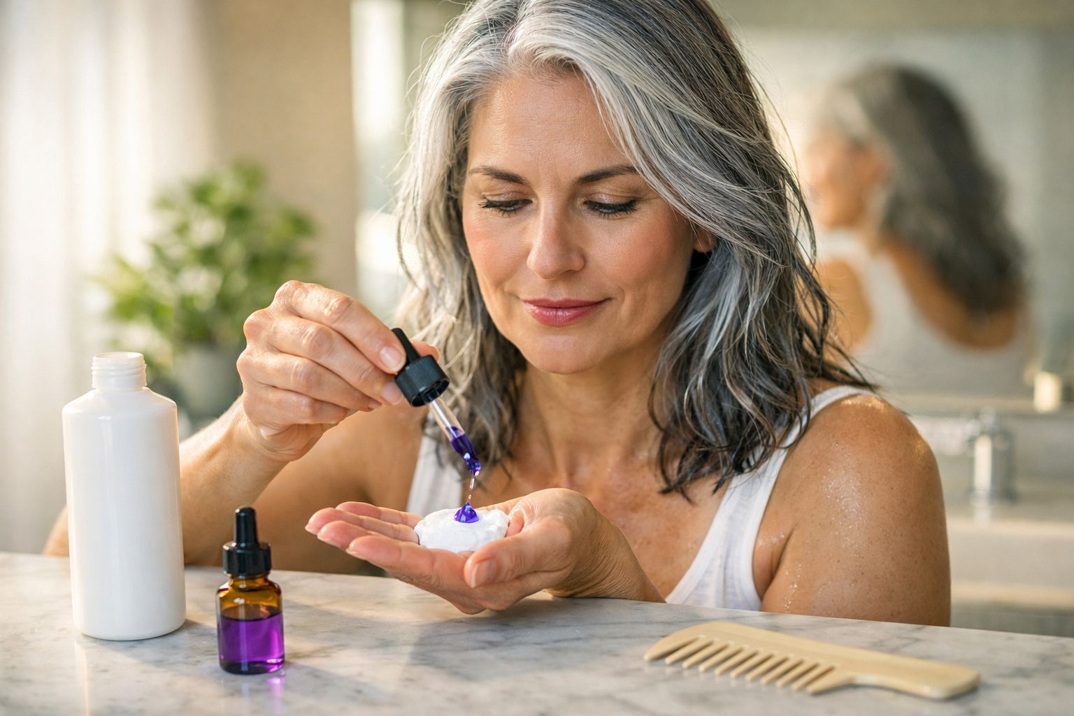 Mulher madura aplicando óleo essencial em creme no banheiro, com frascos e pente sobre a bancada.