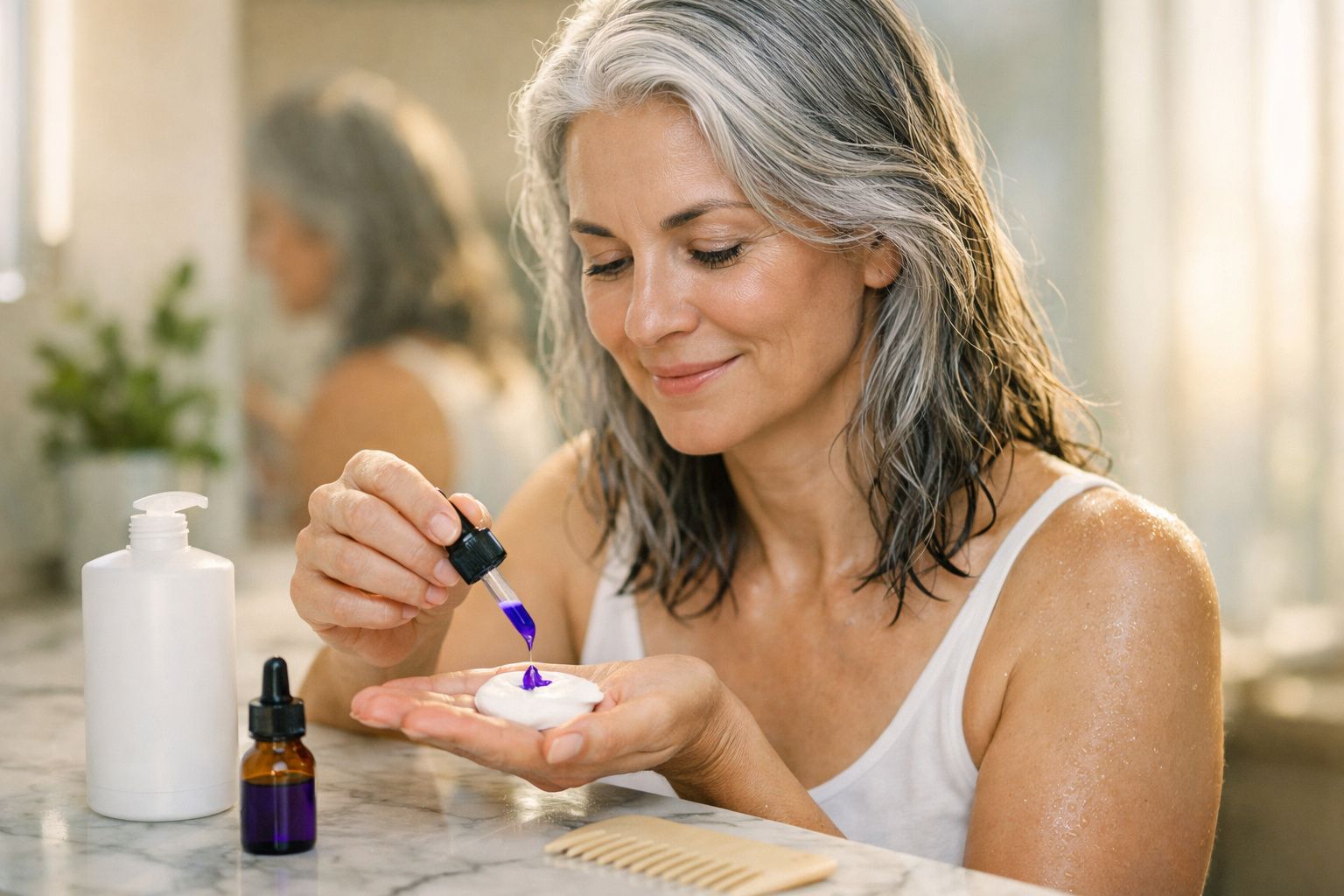 Mulher com cabelo grisalho aplica sérum roxo em creme branco no banheiro, sorrindo levemente.
