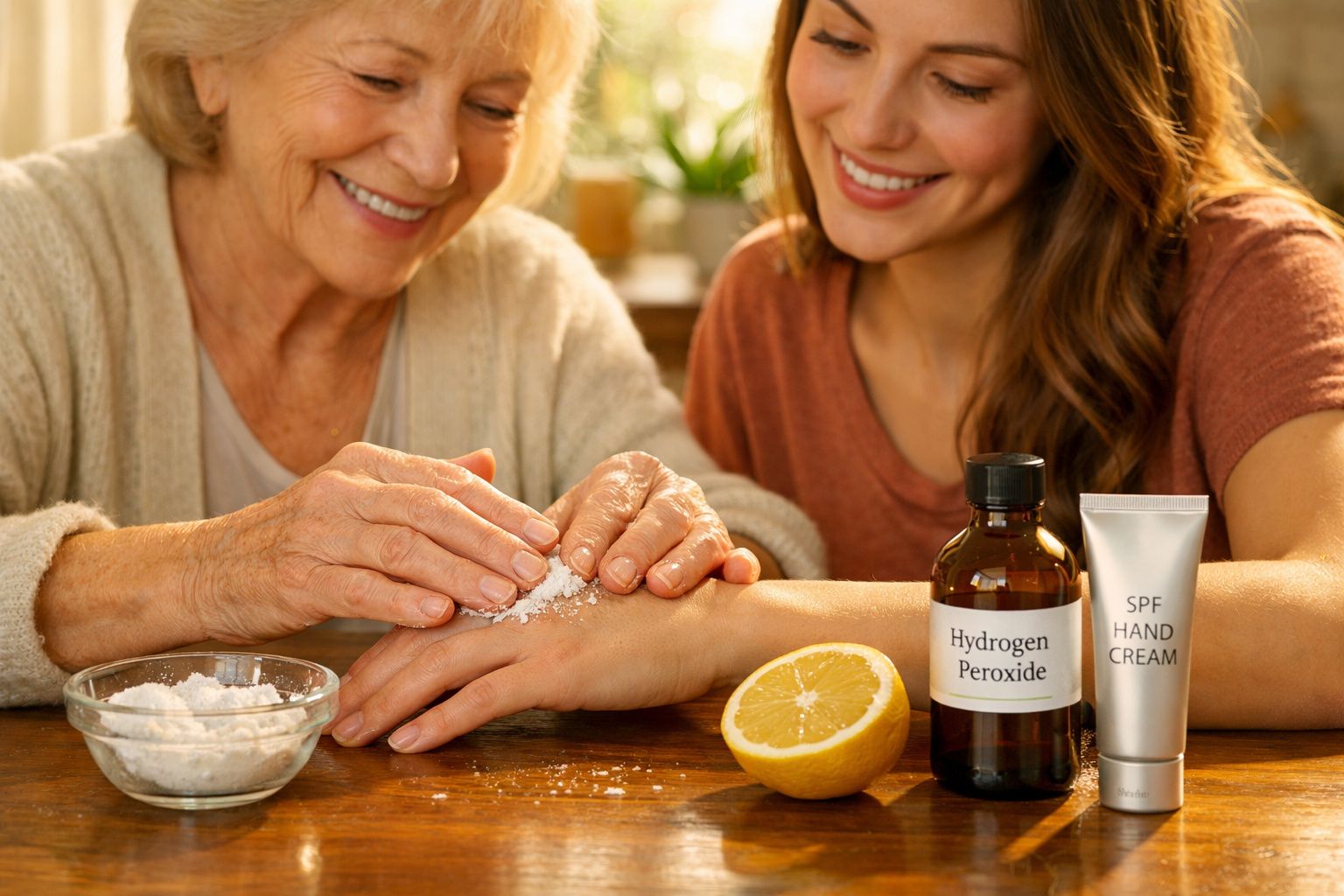 Mulher mais velha aplicando creme nas mãos de mulher mais jovem com ingredientes naturais e cosméticos ao lado.