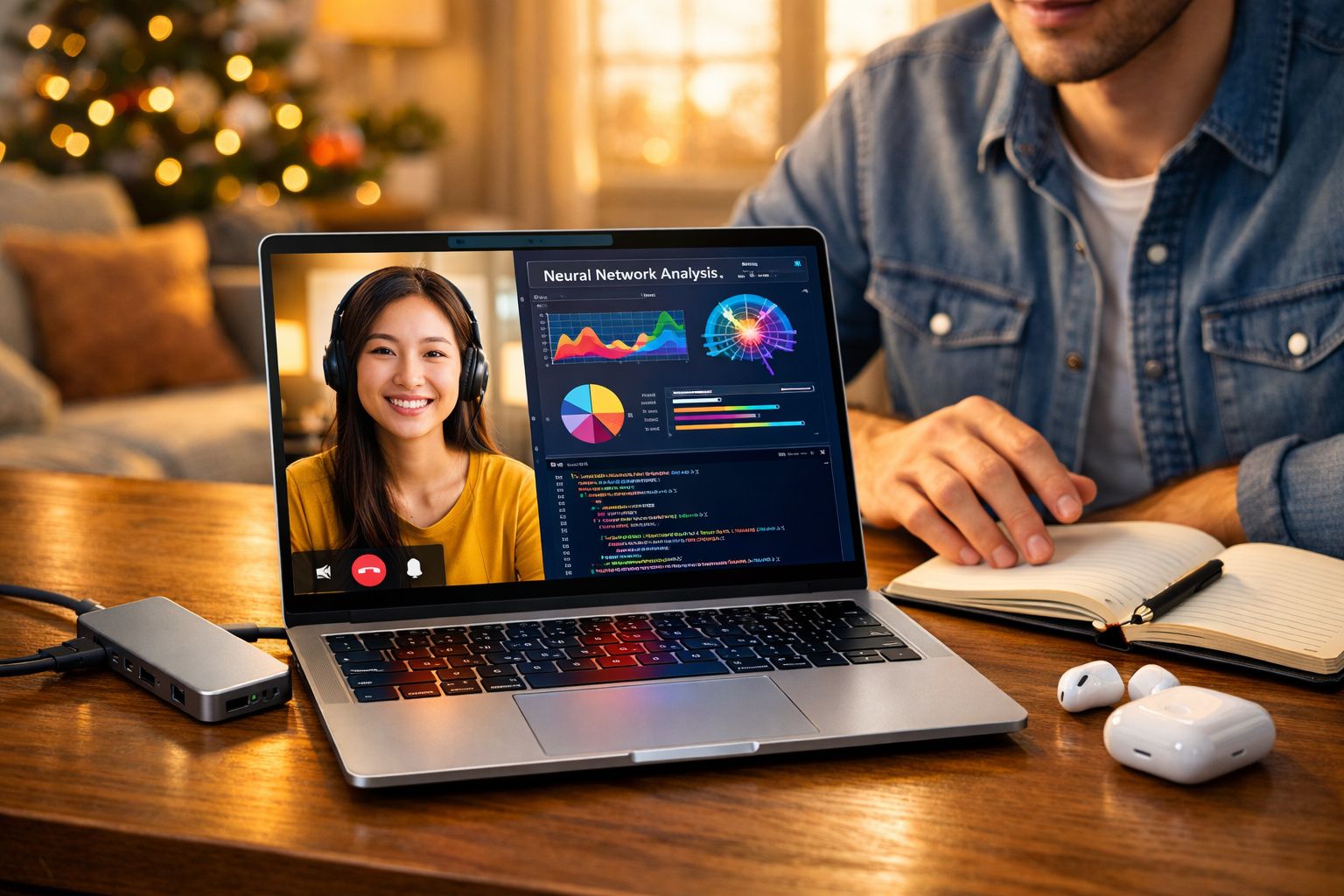 Pessoa em videoconferência com análise de rede neural em laptop, ao lado de caderno e fones de ouvido.