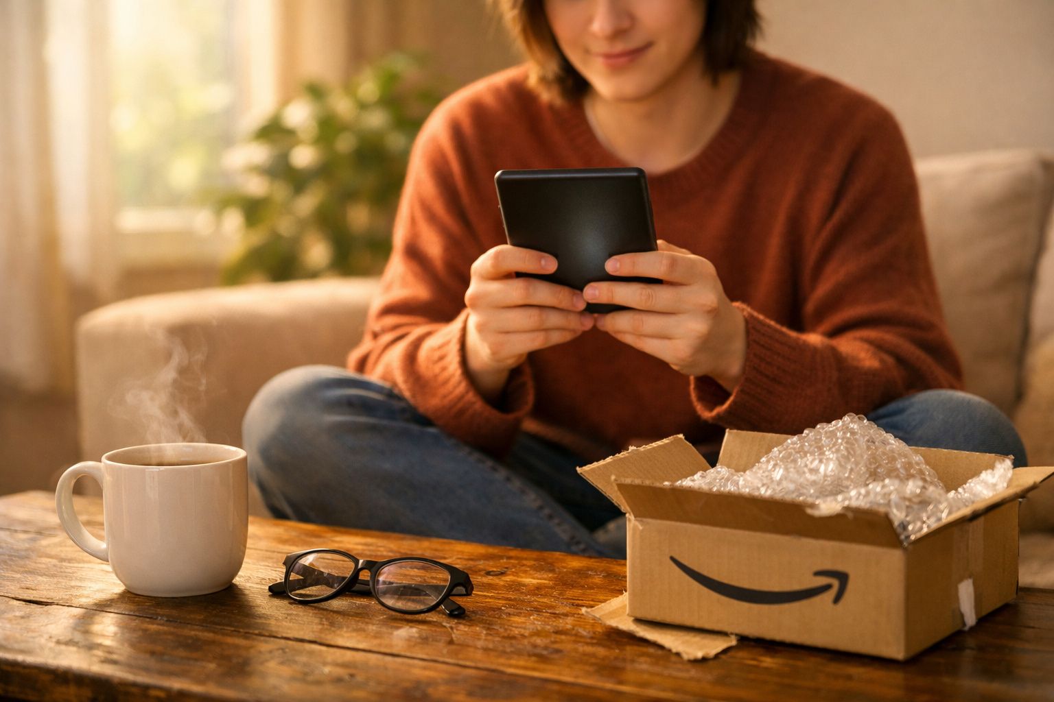 Pessoa segurando um aparelho eletrônico sentado no sofá, com caixa da Amazon, óculos e xícara de café na mesa.