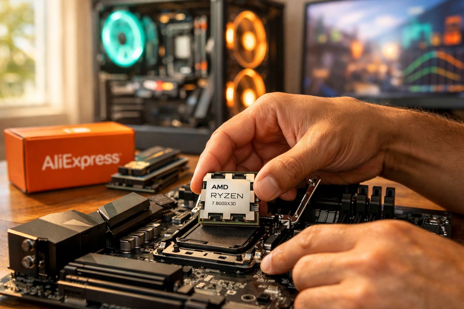 Mãos instalando processador AMD Ryzen 7 5800X3D em placa-mãe com caixa AliExpress ao fundo.