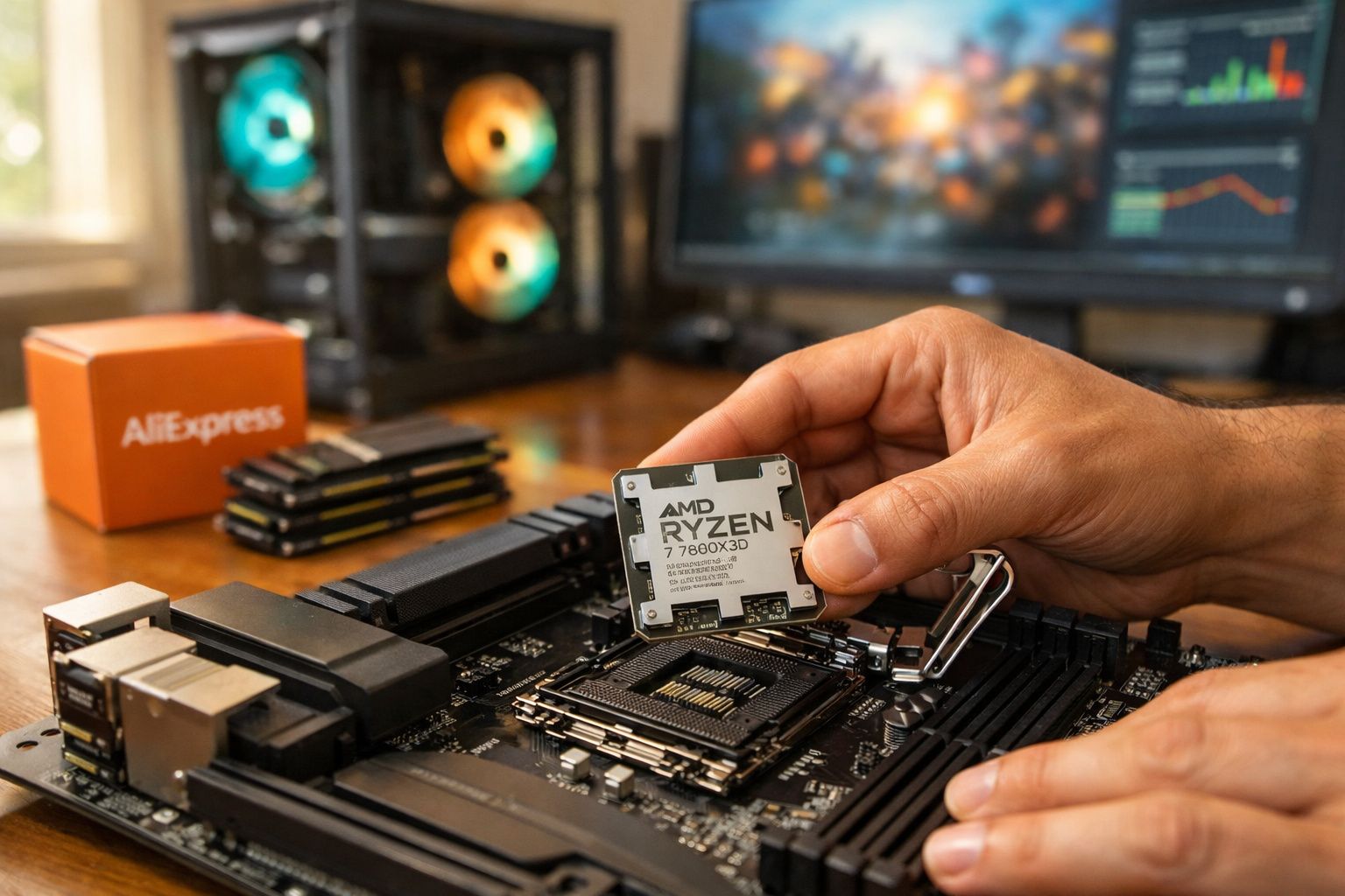 Mãos segurando processador AMD Ryzen 7 7800X3D sobre placa-mãe para instalação.