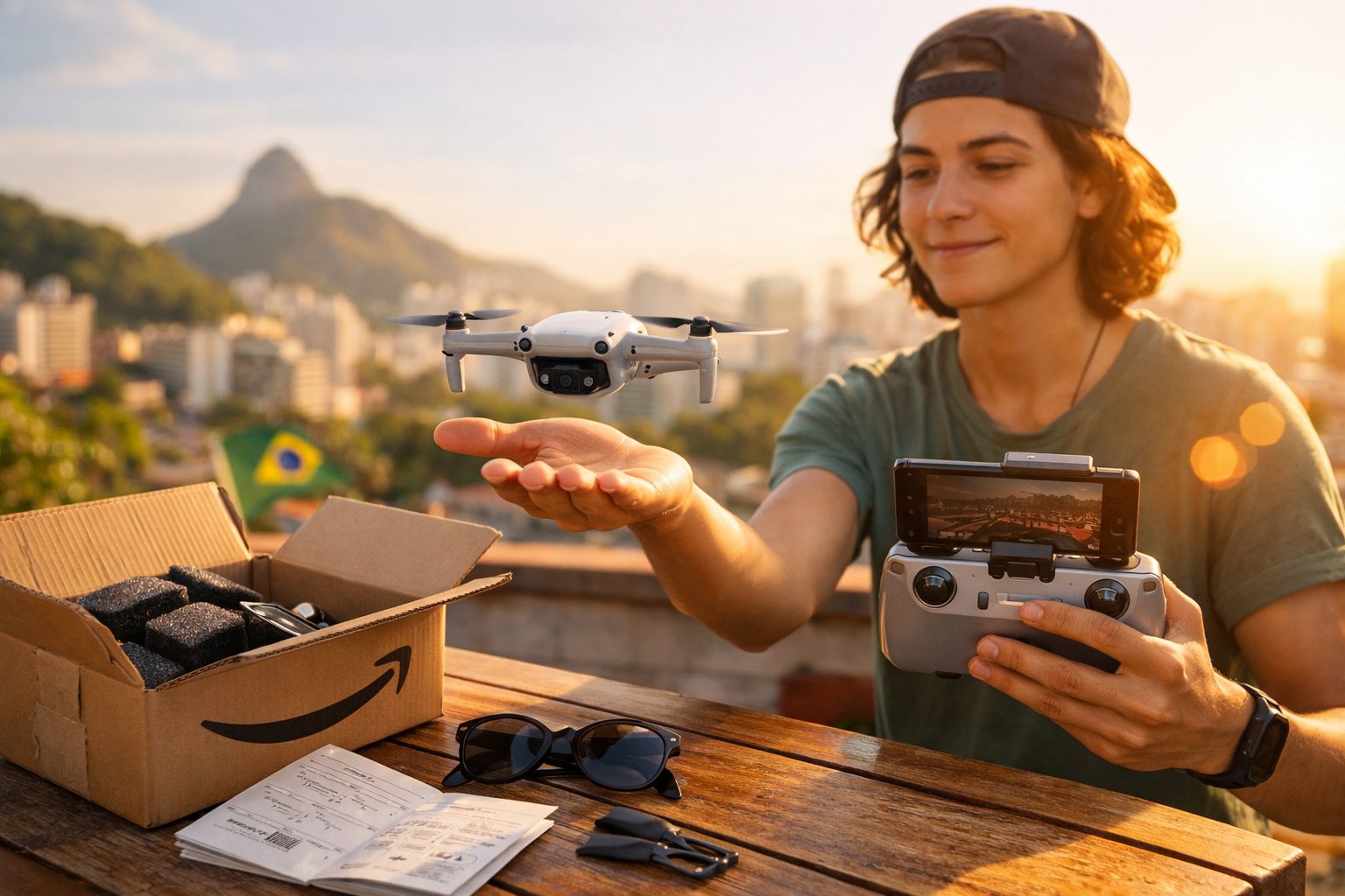 Jovem operando drone branco com controle remoto na mão, em área externa com caixa e óculos sobre mesa.