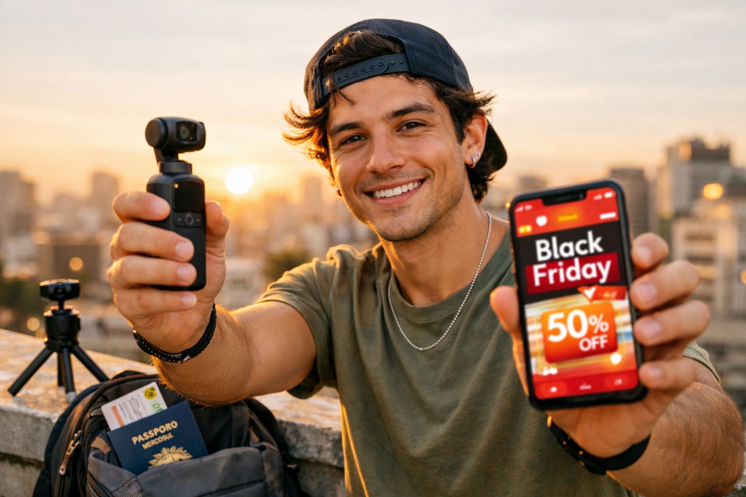 Jovem sorridente mostra câmera portátil e celular com oferta de Black Friday 50% off ao pôr do sol.