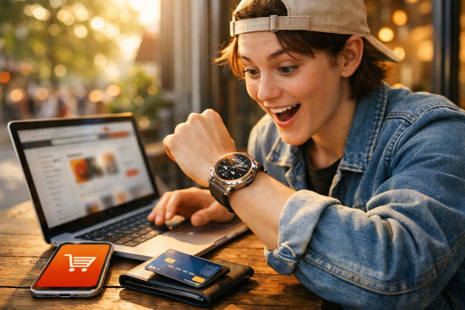 Jovem sorrindo e olhando para relógio inteligente enquanto faz compras online em laptop e smartphone.