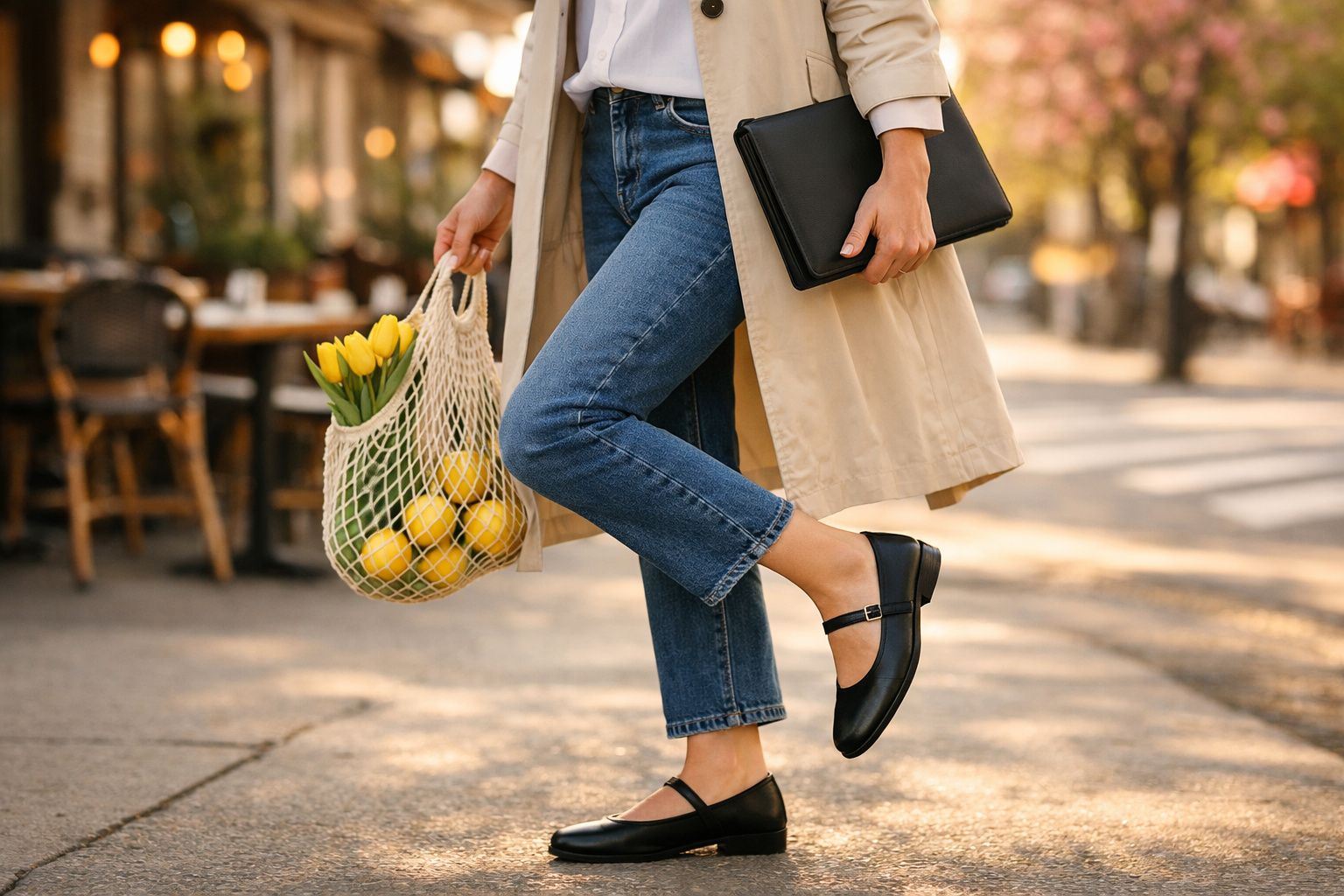 Pessoa com casaco bege, jeans e sapatos pretos segurando bolsa com flores amarelas e limões na rua.