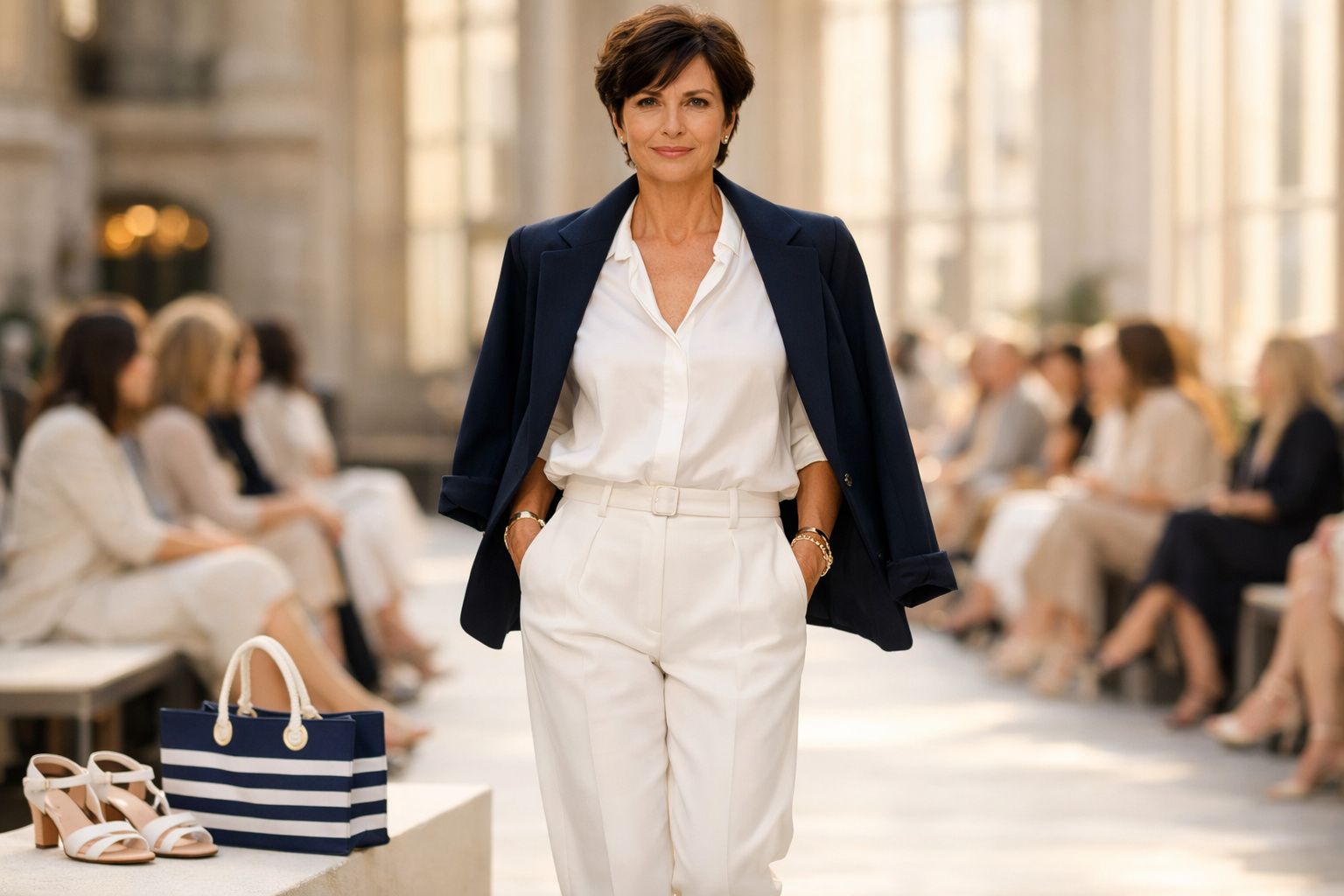 Mulher sorrindo em passarela de moda com blazer azul e calça e camisa branca em ambiente iluminado.
