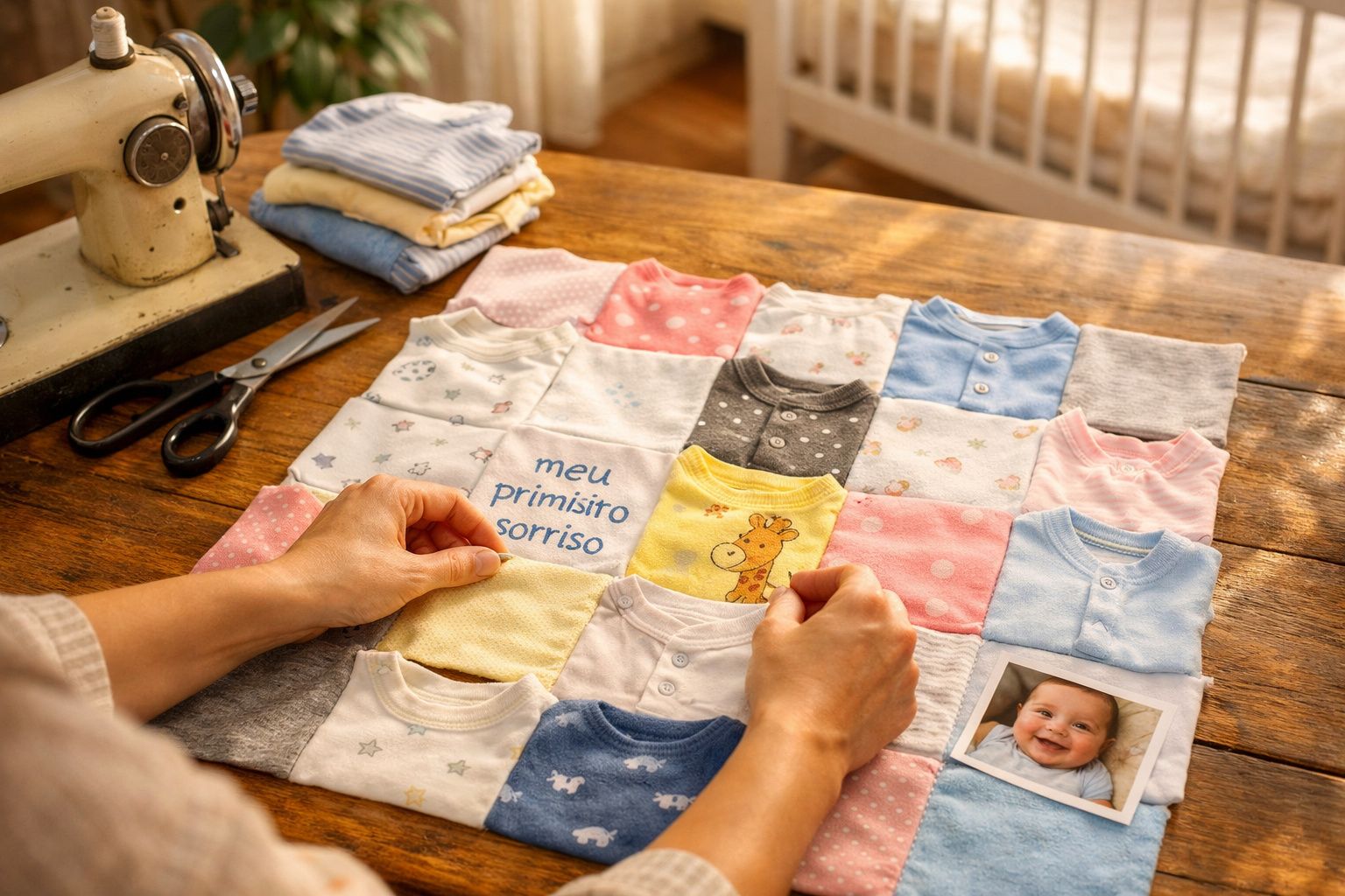 Mãos organizando remendos de bodys de bebê para criar manta personalizada com foto, tesoura e máquina ao lado.