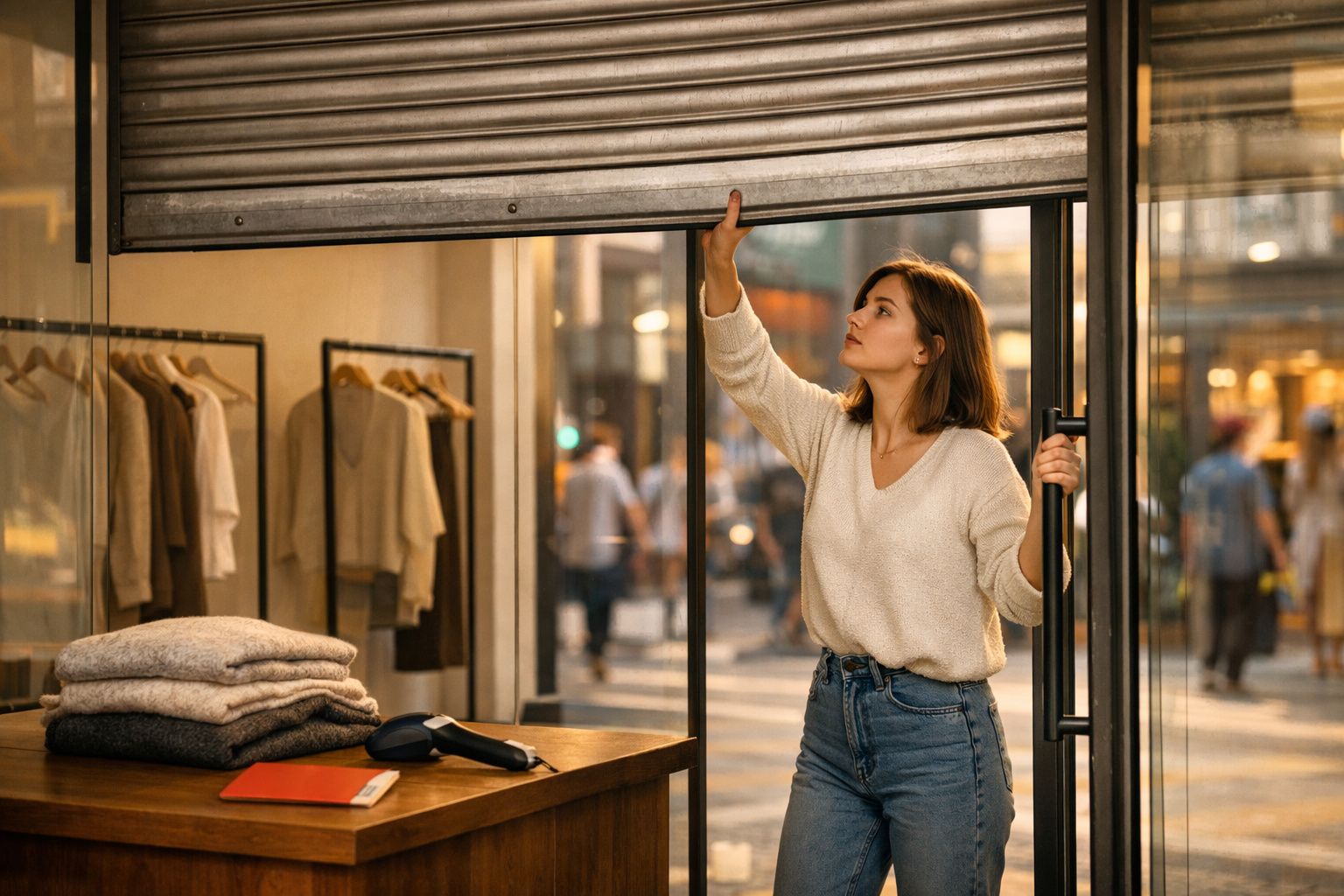 Mulher fechando a porta de metal de uma loja de roupas ao entardecer.