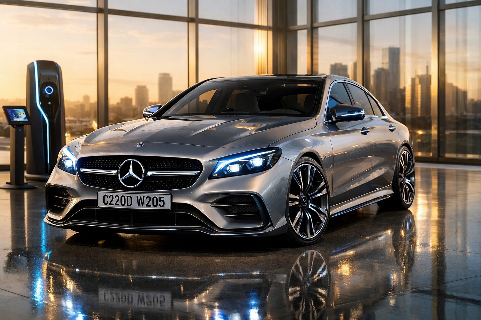 Carro prata Mercedes-Benz estacionado em ambiente moderno com luzes acesas ao entardecer.