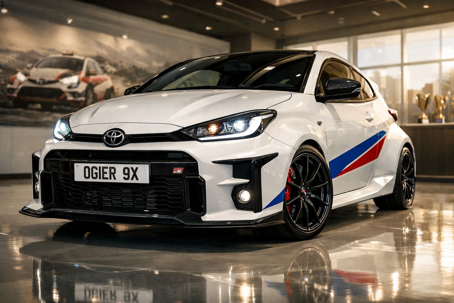 Carro esportivo branco Toyota GR Yaris com detalhes em azul e vermelho exposto em ambiente interno moderno.