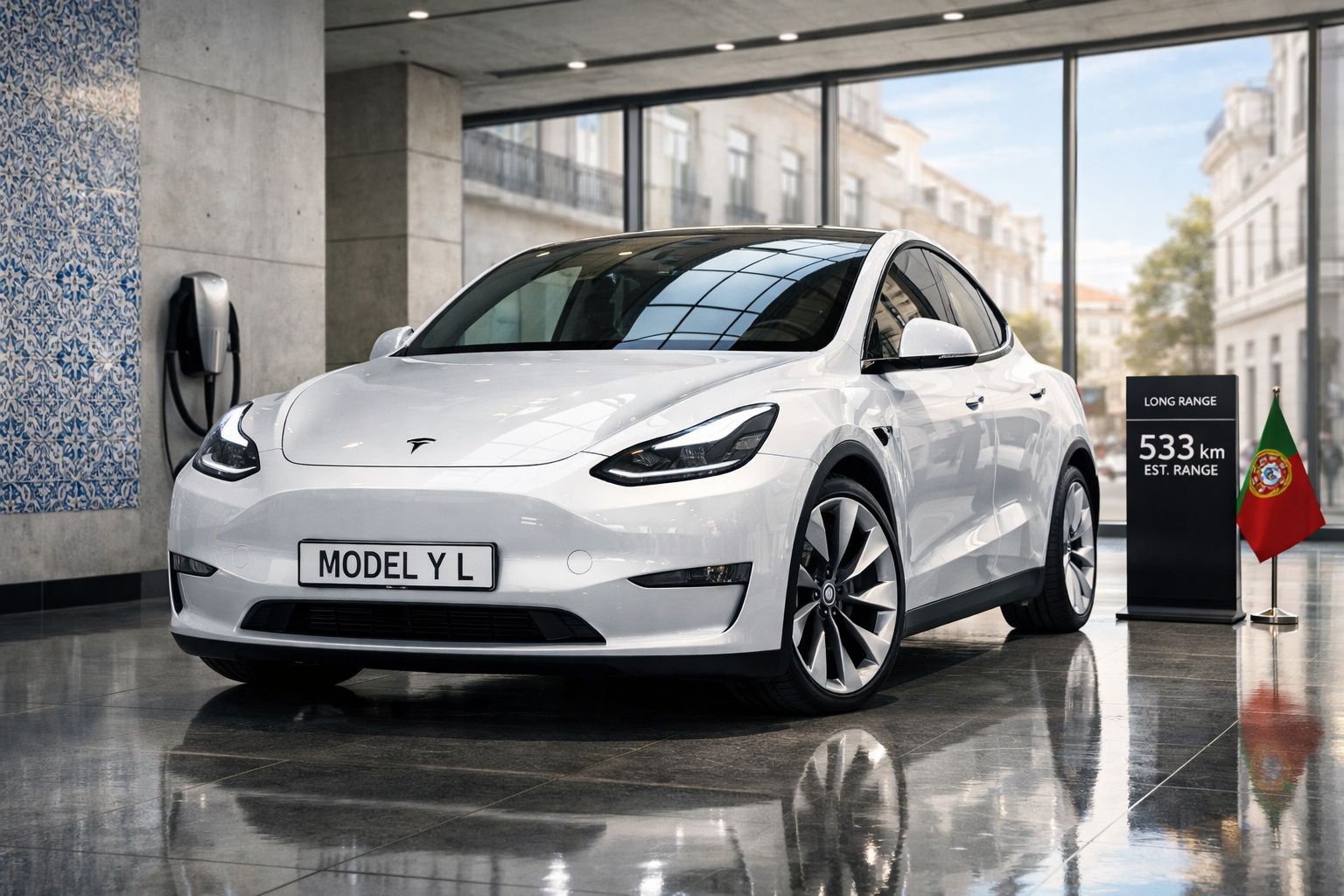 Carro elétrico branco Tesla Model Y em exposição com painel de autonomia e bandeira de Portugal.