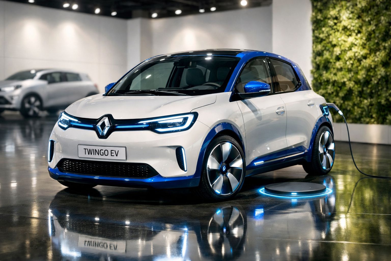 Carro elétrico Renault Twingo EV branco e azul carregando em estação interna iluminada.