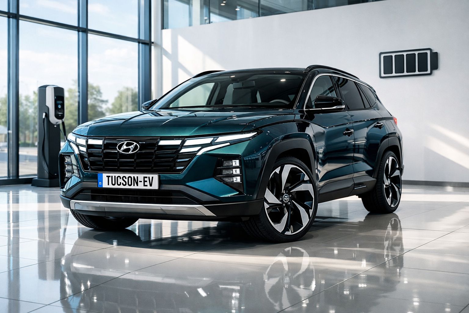 SUV Hyundai Tucson EV azul escuro elétrico estacionado em showroom moderno com carregador ao fundo.
