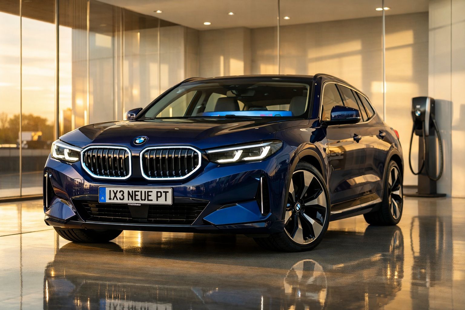 Carro elétrico BMW azul estacionado em garagem moderna com carregador ao fundo, sob luz natural.