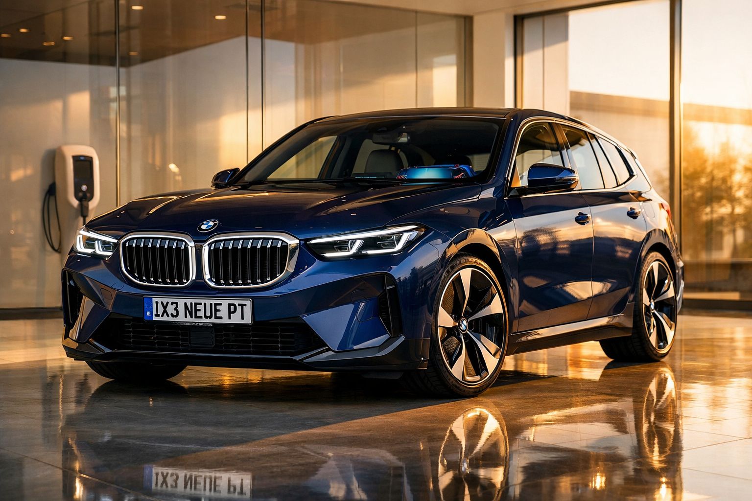 Carro esportivo BMW azul estacionado em piso brilhante com refletor e parede de vidro ao fundo.