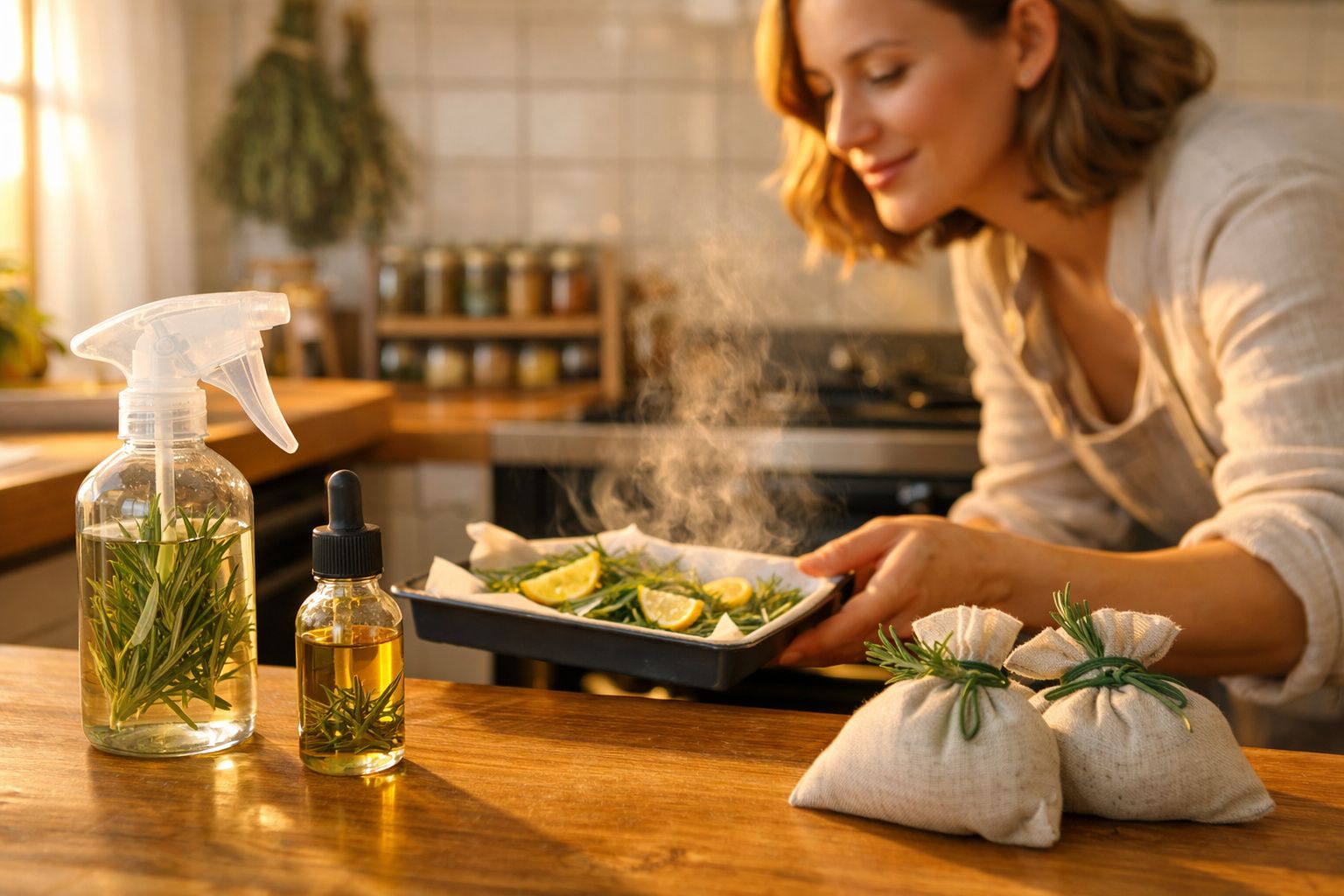 Mulher aproximando assadeira com ervas e limão em cozinha com spray e sachês aromáticos na bancada.
