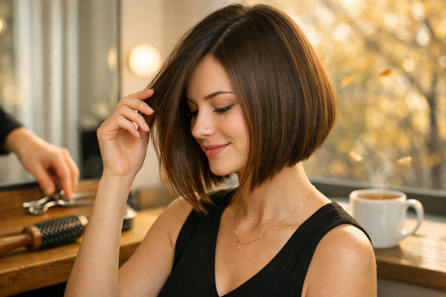 Mulher sorrindo com cabelo curto e liso em salão de beleza, caneca de café ao fundo.