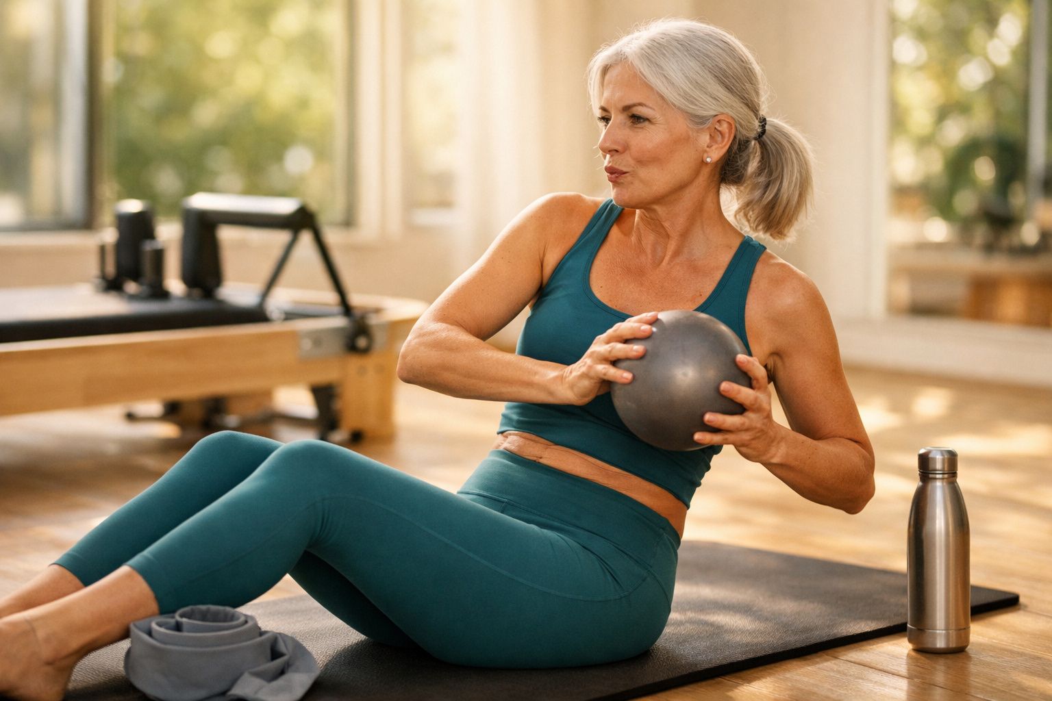 Mulher madura fazendo exercício com bola de pilates em estúdio com roupas esportivas verdes.