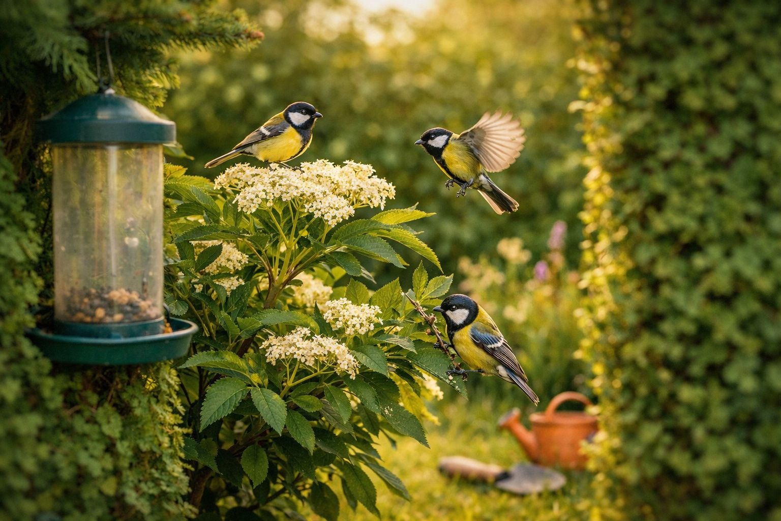 Três pássaros amarelos pousados e voando próximos a flores brancas em jardim verde com comedouro e regador.