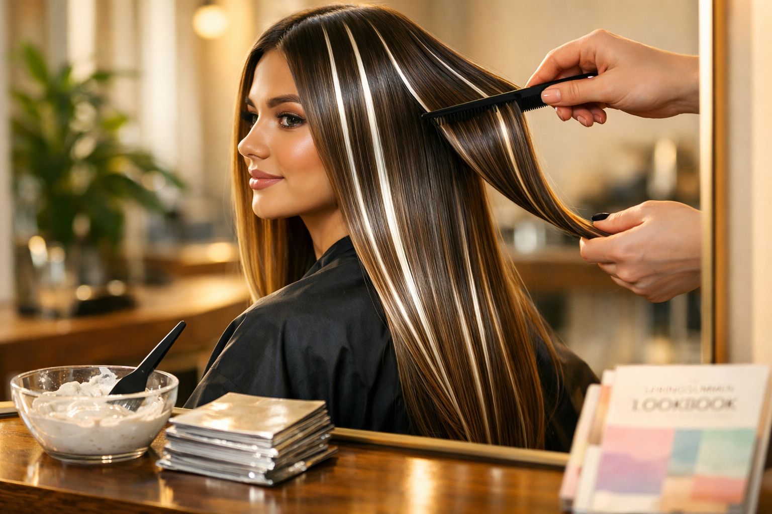 Mulher no salão de beleza recebendo tratamento e penteando cabelo longo com luzes loiras.
