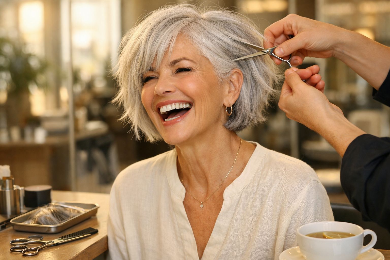Mulher madura sorrindo enquanto corta seu cabelo grisalho em salão de beleza iluminado.