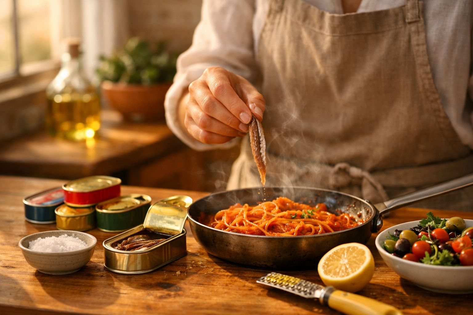 Pessoa temperando espaguete com anchovas em frigideira, ao lado de limão, sal e salada.