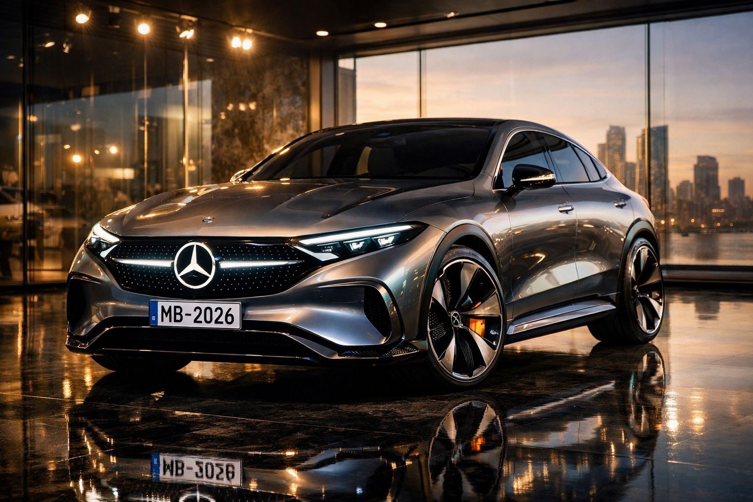 Carro esportivo Mercedes-Benz prata estacionado em ambiente moderno com vidro e iluminação urbana ao fundo.