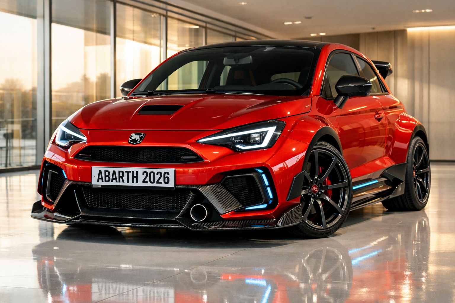 Carro esportivo vermelho Abarth 2026 com design aerodinâmico e rodas pretas em garagem iluminada.