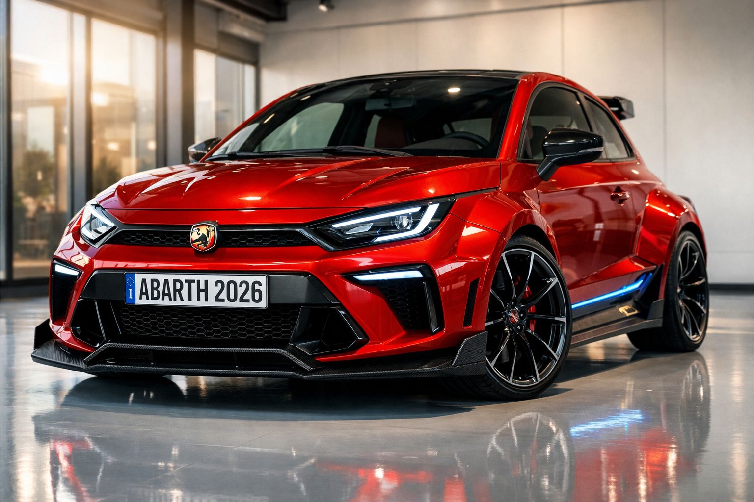 Carro esportivo vermelho Abarth 2026 com design moderno e rodas pretas em ambiente interno iluminado.