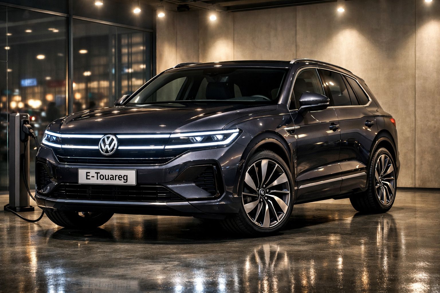 Carro elétrico Volkswagen E-Touareg preto estacionado e carregando em garagem moderna.