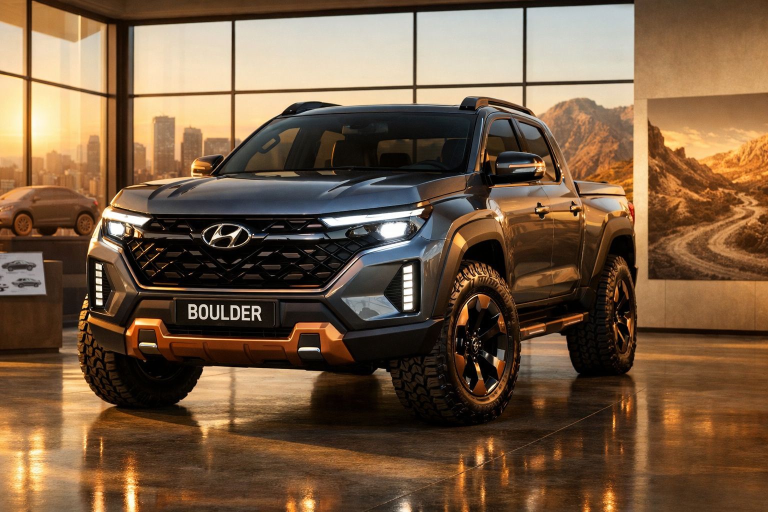 Picape Hyundai Boulder cinza com detalhamento em bronze, pneus robustos e faróis acesos em ambiente interno.