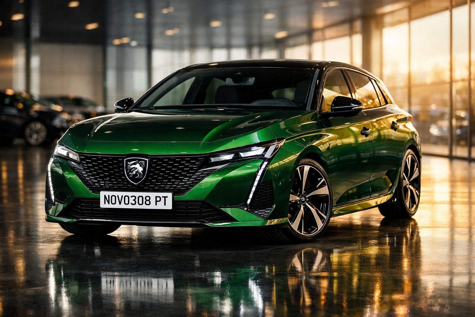 Carro verde metálico Peugeot estacionado em ambiente interno com piso refletivo e iluminação natural ao fundo.