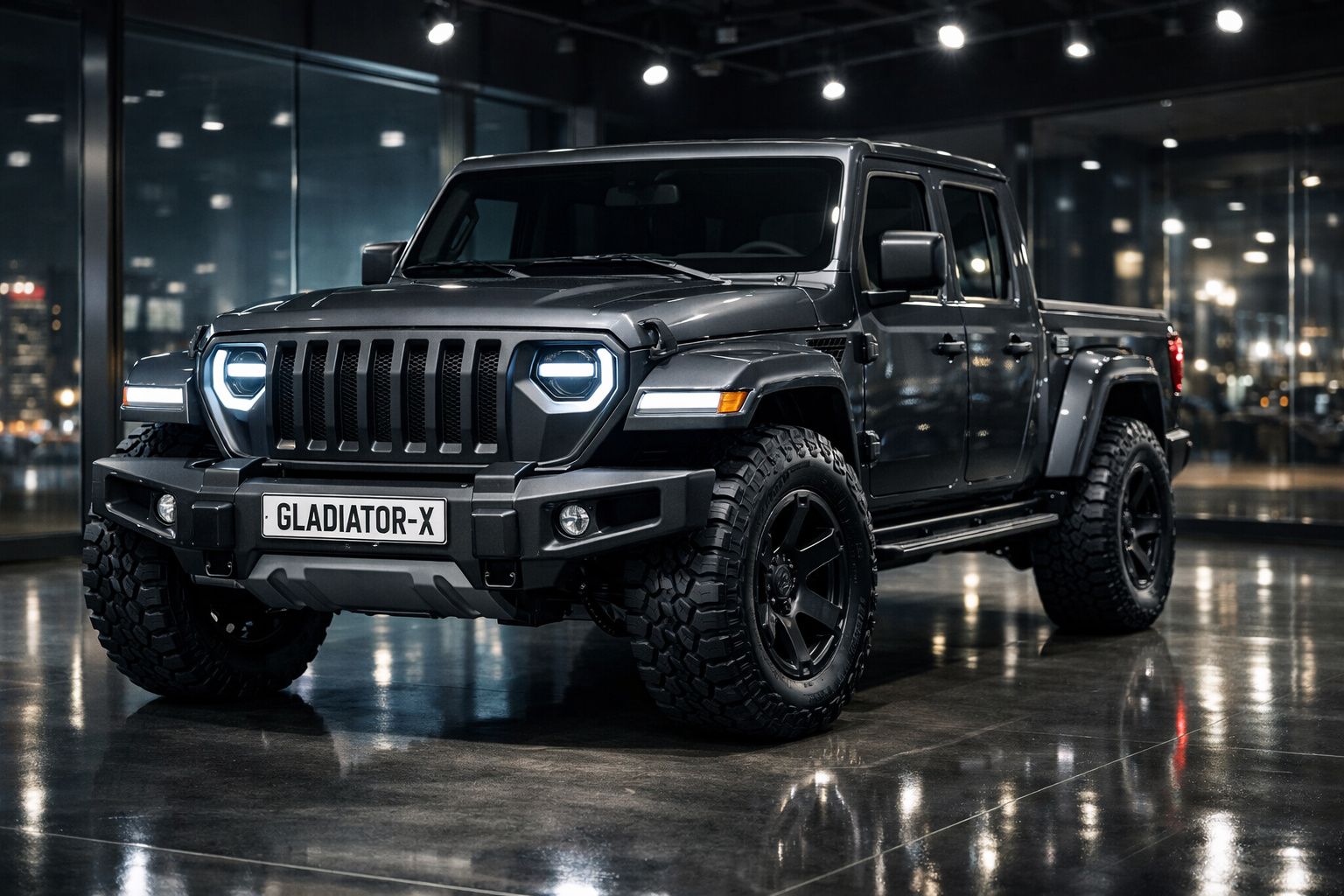 Picape preta Gladiator-X com faróis acesos em ambiente urbano à noite, vista frontal em ângulo.