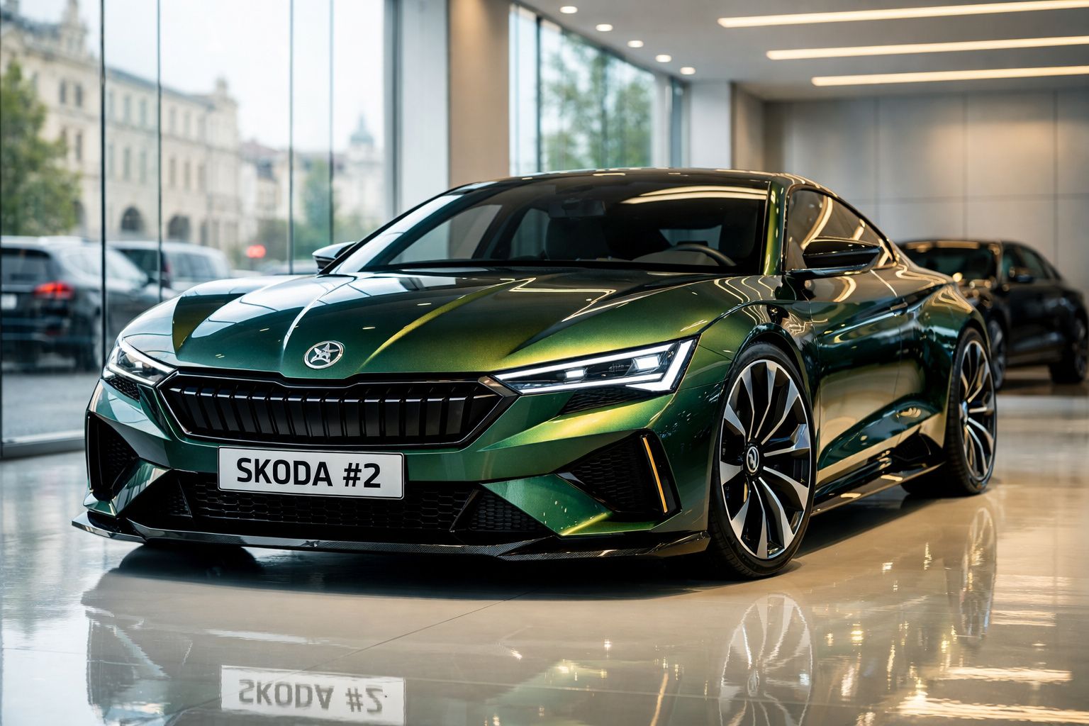 Carro esportivo Skoda verde escuro com design moderno e rodas grandes, exibido em showroom.