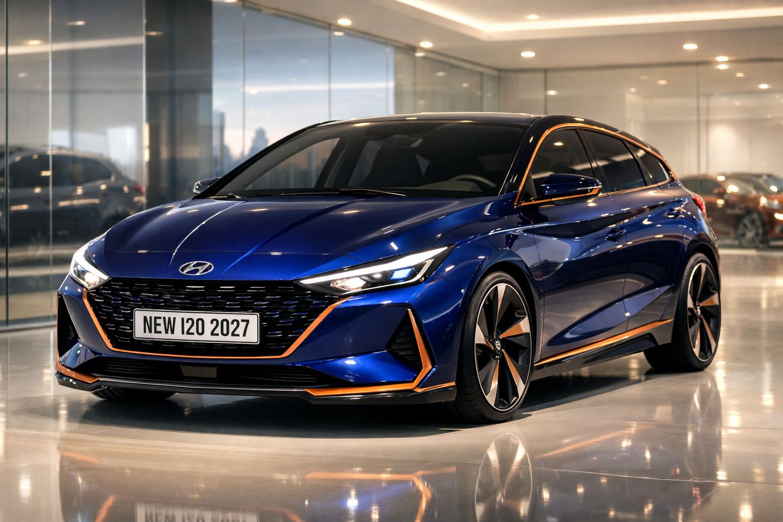 Carro Hyundai i20 2027 azul com detalhes laranja em exposição interna, vista frontal lateral direita.