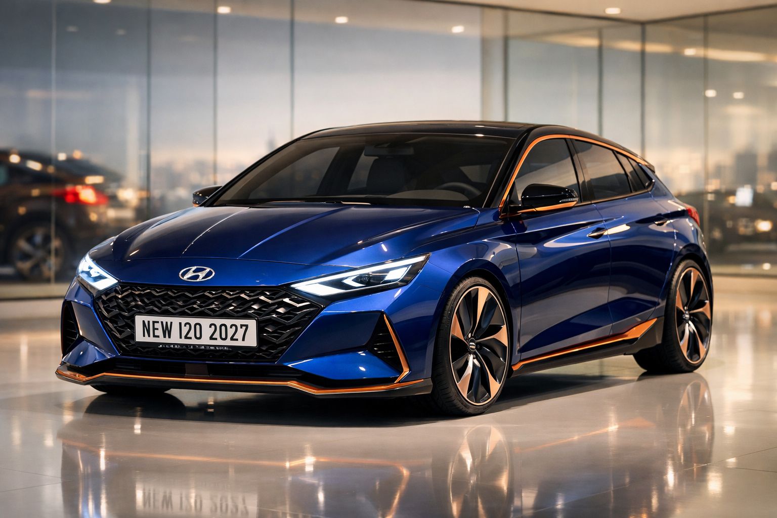 Carro Hyundai i20 2027 azul com detalhes laranja em ambiente interno moderno e iluminado.