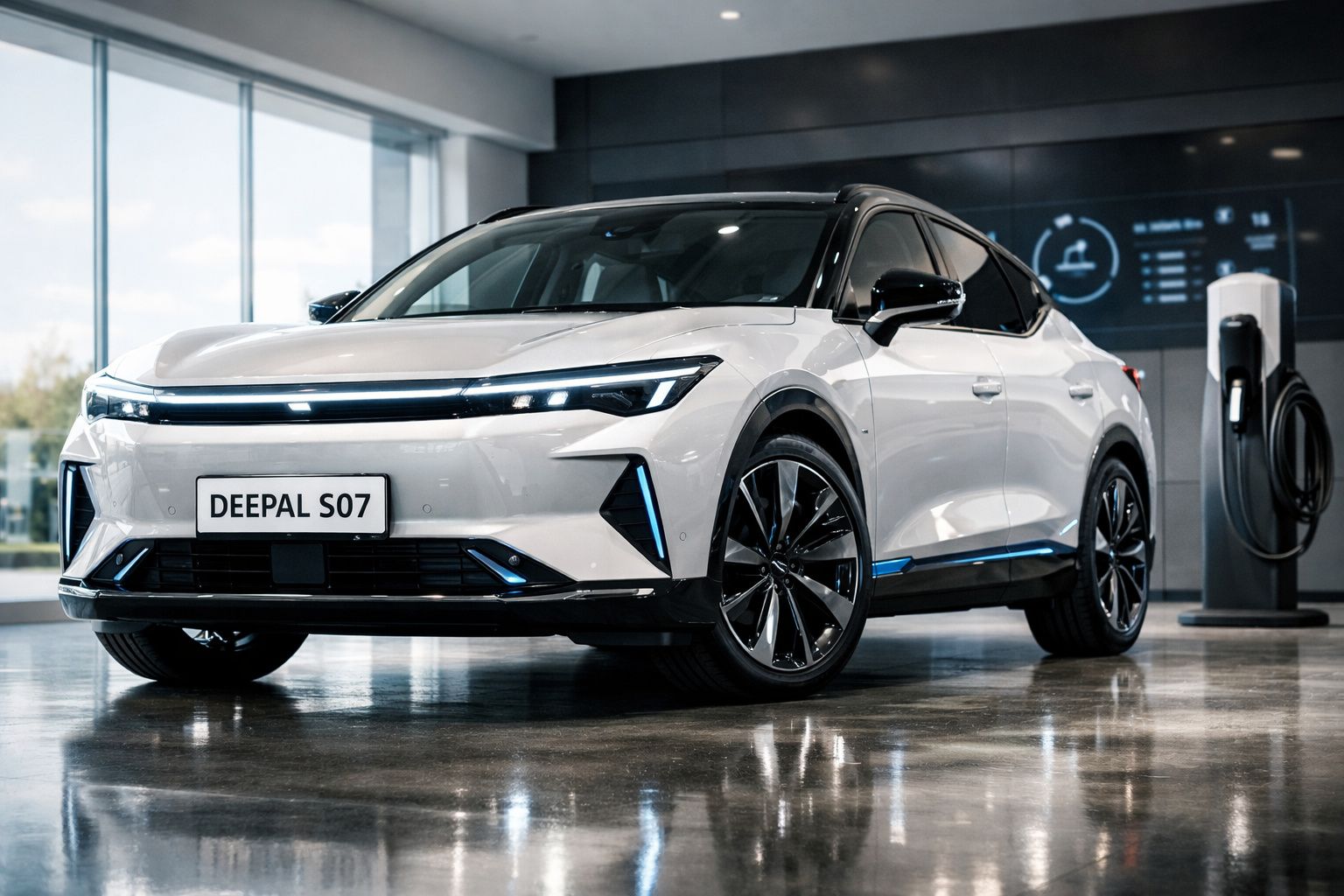 Carro elétrico branco Deepal S07 estacionado dentro de showroom moderno com estação de recarga ao fundo.