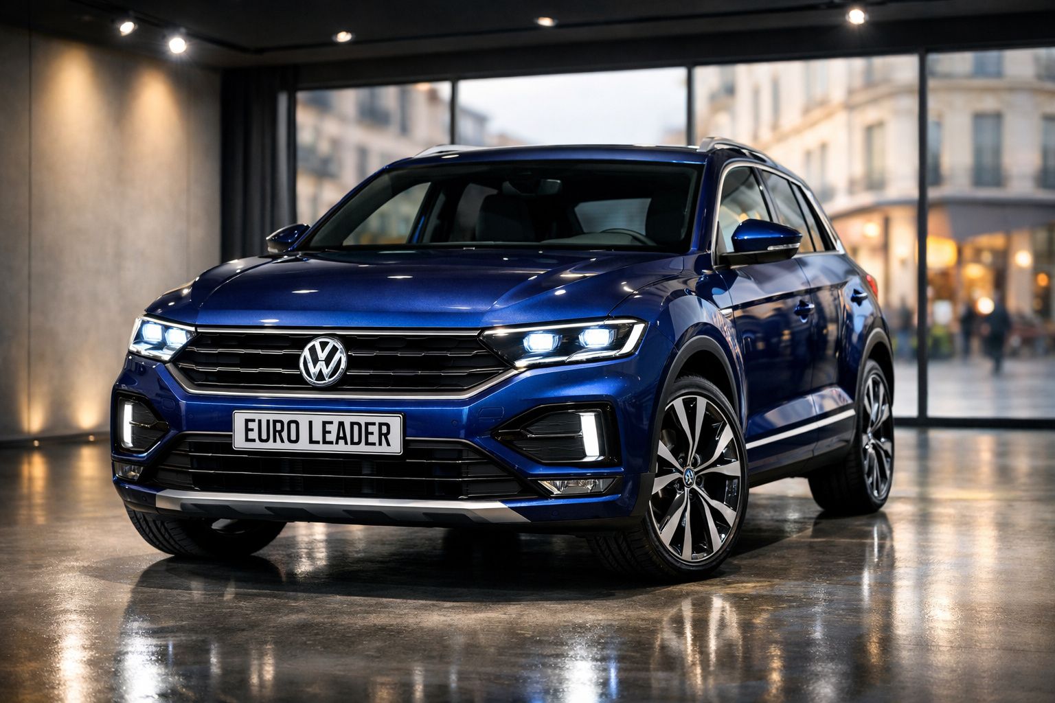 Carro Volkswagen SUV azul escuro estacionado em ambiente interno com luzes acesas.