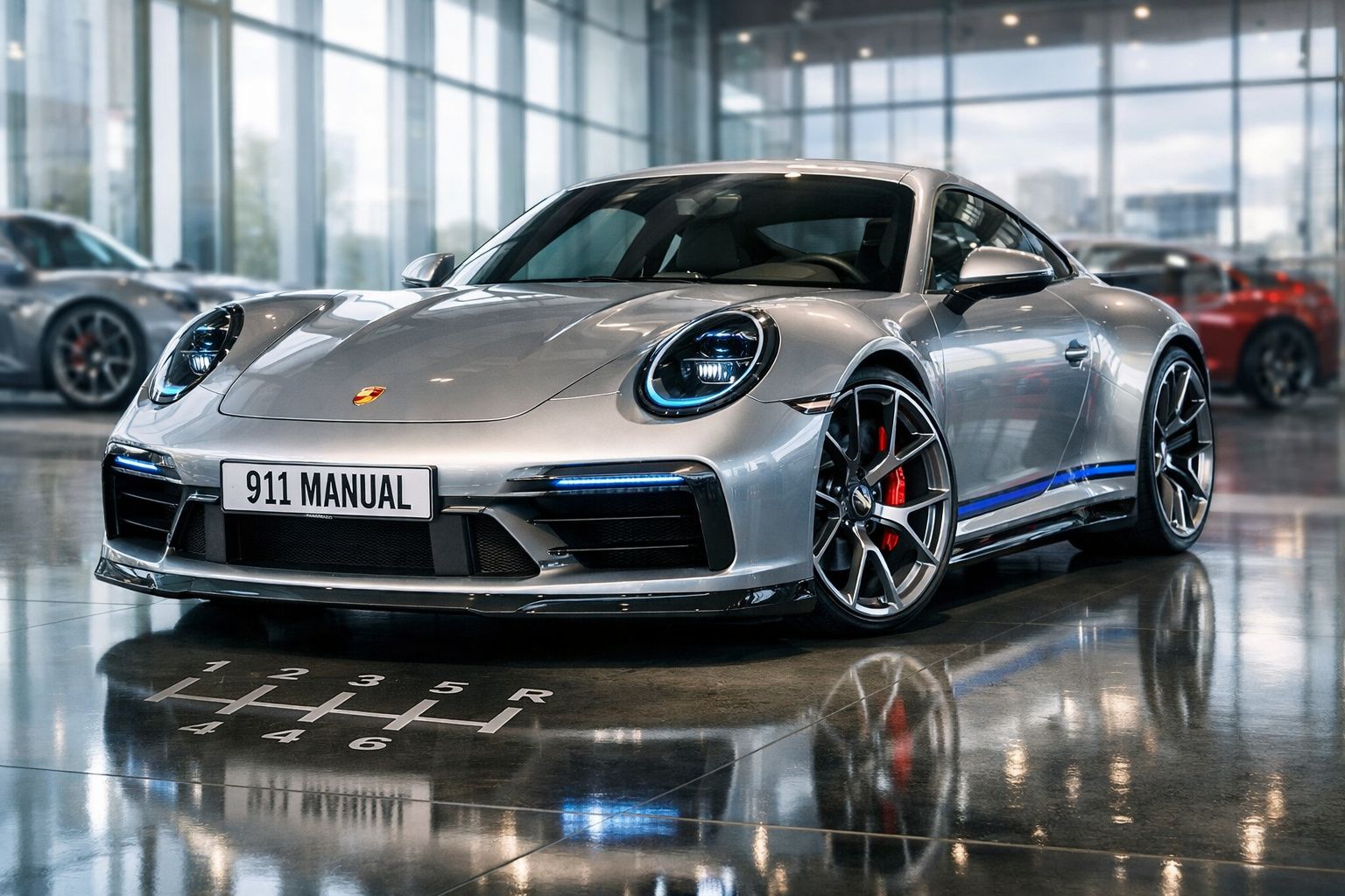 Carro esportivo prata Porsche 911 Manual em showroom com reflexo no piso brilhante.