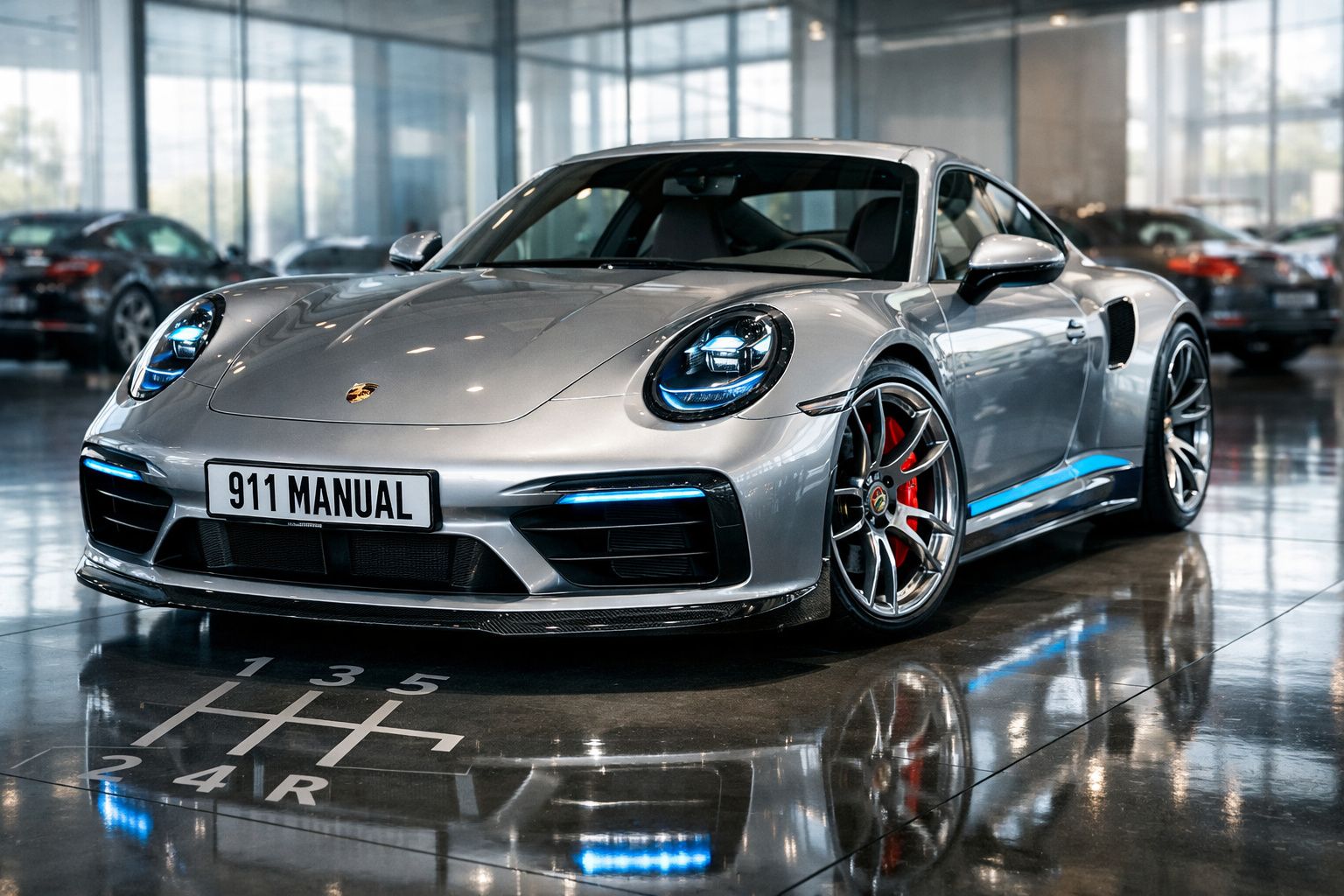 Carro esportivo Porsche 911 prata com pintura brilhante em showroom moderno, com destaque para câmbio manual refletido no chã