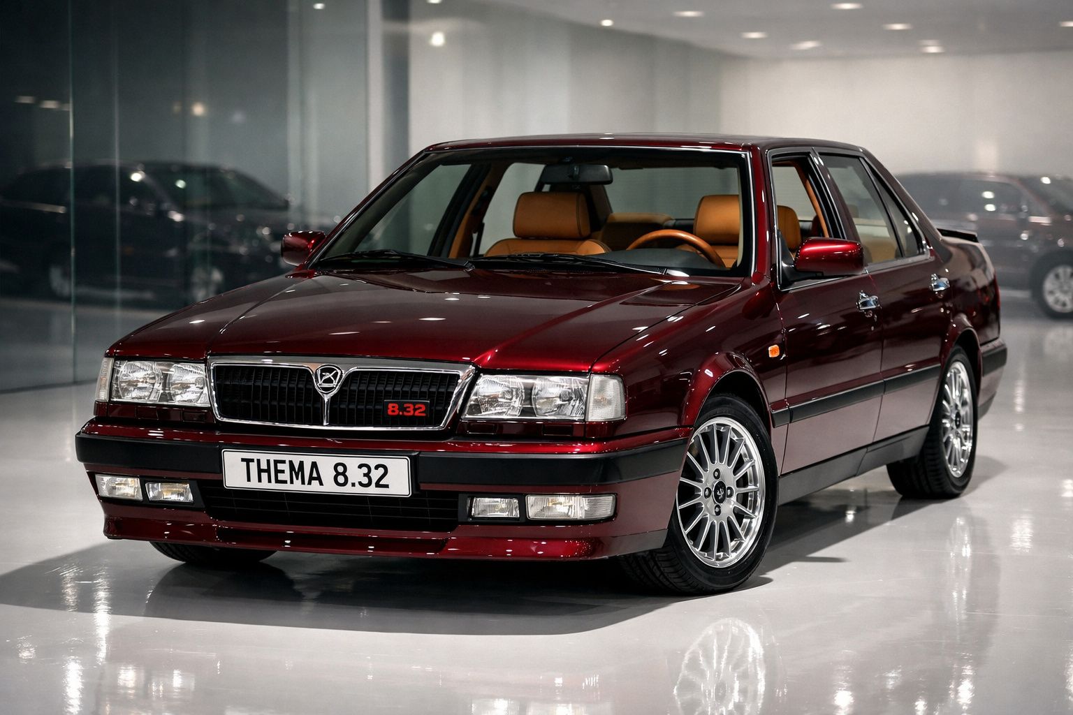 Carro esportivo sedã vermelho escuro Lancia Thema 8.32 com interior marrom em ambiente interno iluminado.