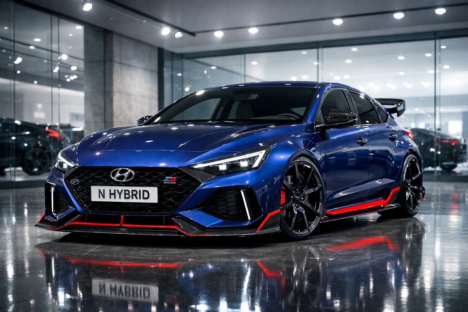 Carro esportivo Hyundai N Hybrid azul com detalhes vermelhos, rodas pretas e faróis acesos em ambiente interno.