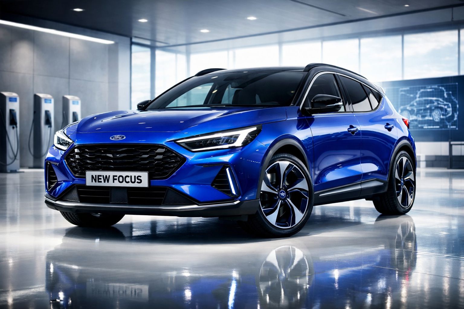 Carro azul Ford New Focus estacionado em ambiente moderno com carregadores elétricos ao fundo.