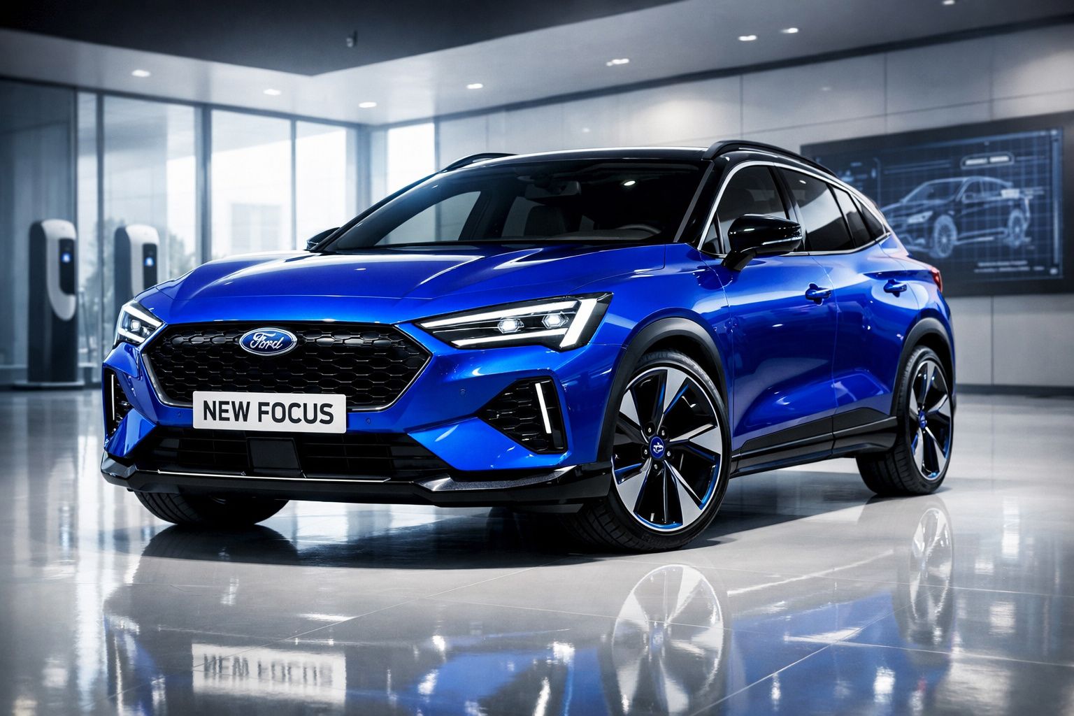 Carro azul Ford New Focus SUV elétrico em showroom moderno e iluminado.