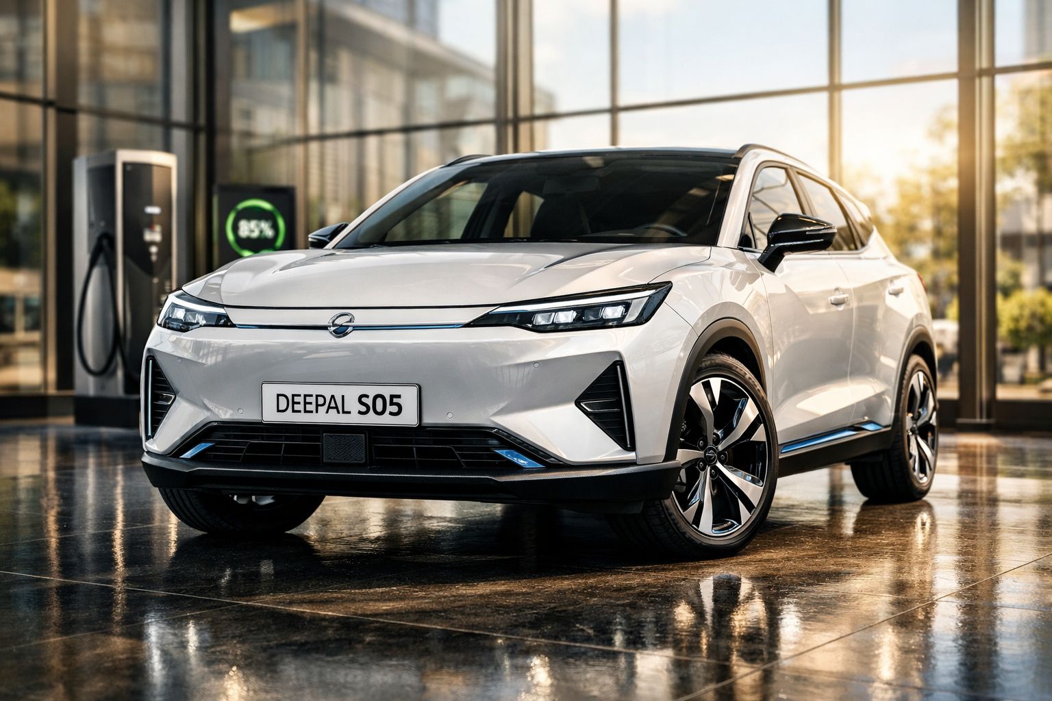 Carro elétrico branco Deepal SO5 estacionado dentro de showroom moderno com carregador ao fundo.