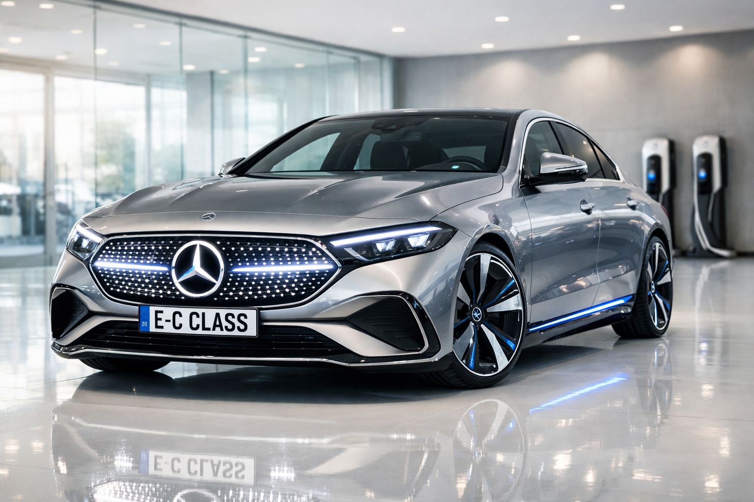 Carro Mercedes-Benz elétrico prata estacionado em ambiente interno moderno com pontos de luz azul.